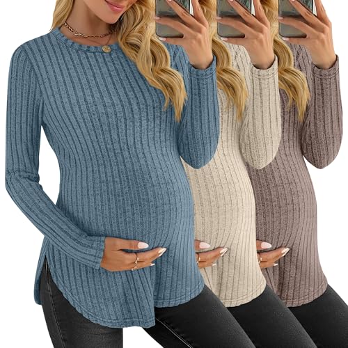 3 Pack Maternity Shirts Pregnancy Sweaters Tunic Tops - color: Blue, Apricot, Coffee, size: Large