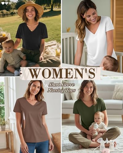 4 Pack Women's Nursing Maternity Shirts - color: Black, White, Coffee, Army Green, size: Large