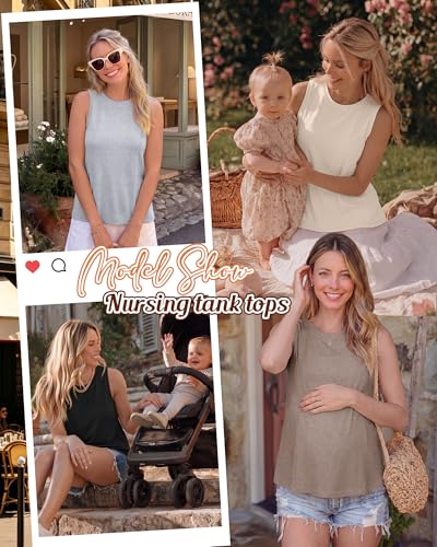 4 Pack Women Nursing Tank Tops Breastfeeding - color: Latte, Beige, Smoky Gray, Black, size: Large