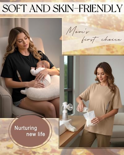 3 Pack Women's Oversize Nursing Tops - color: Hazy Blue, Khaki, Black, size: Small