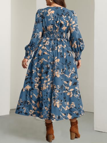 RWJ Women's Plus Size Fall Wedding Guest Dress Long Sleeve Maxi with Pocket - color: Dusty Blue Floral, size: X-Large Plus