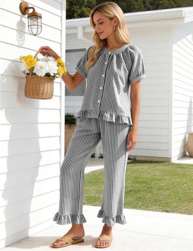 Flygo Womens Striped Pajama Sets Cotton 2 Piece Ruffle Lounge Pjs - color: Black, size: Large