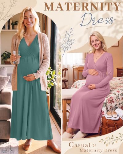 Neer 2 Pcs Maternity Maxi Dresses Long Sleeve Fall Nursing Dress - color: Sage Green, Dusty Pink, size: XX-Large