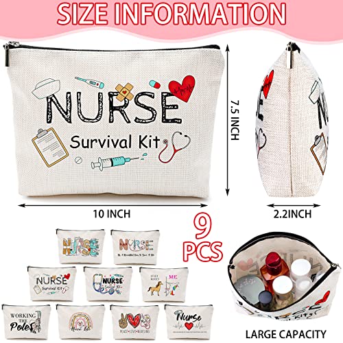 Pinkunn 9 Pcs Nurse Makeup Bags Gifts for Nurses Cosmetic Bag Zipper