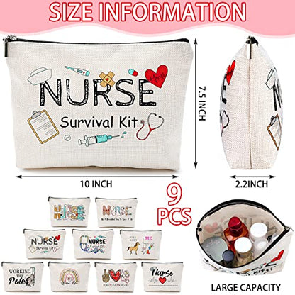 Pinkunn 9 Pcs Nurse Makeup Bags Gifts for Nurses Cosmetic Bag Zipper