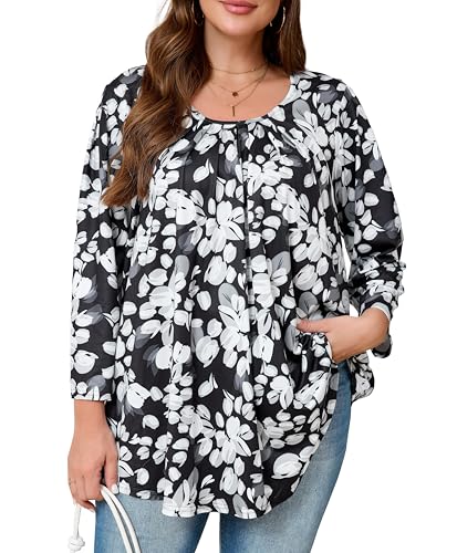 Plus Size Tunic Tops for Women 3/4 Sleeve Tunics Loose Fit Shirt Crew Neck Pleated Solid Casual Dressy Blouses - color: F-tie Dye Black, size: XX-Large
