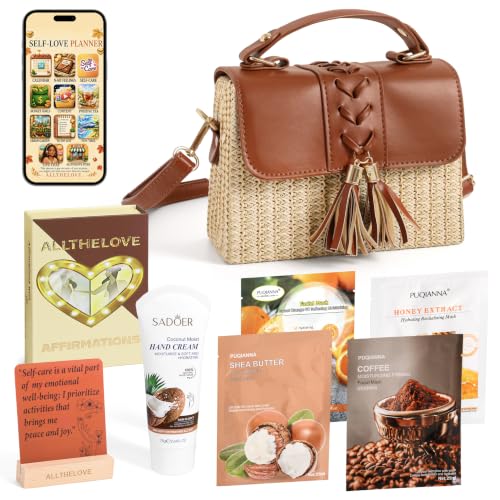 New Mom Gift Basket – Rattan Purse, Affirmation Cards, Facial Masks, Lotion in-a-Multi-App