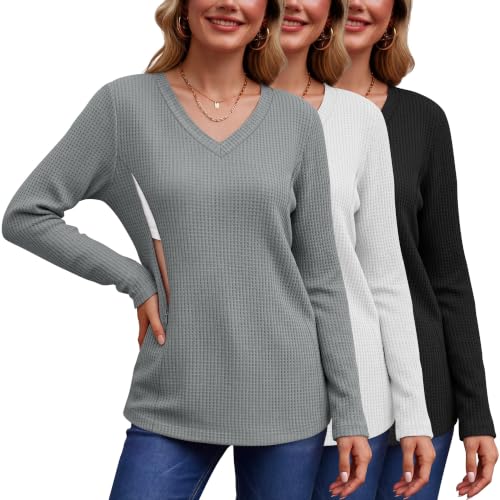 Huukeay 3 Pack Women's Long Sleeve Nursing Breastfeeding Shirts - color: Light Gray, White, Black, size: Medium