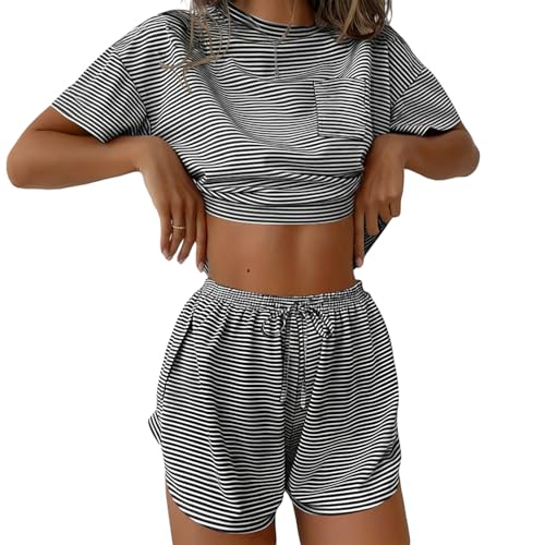 Ekouaer Womens Pajama Sets Sexy Lounge Sets Side Split Short Pj Sets - color: Black and White Stripes, size: Medium