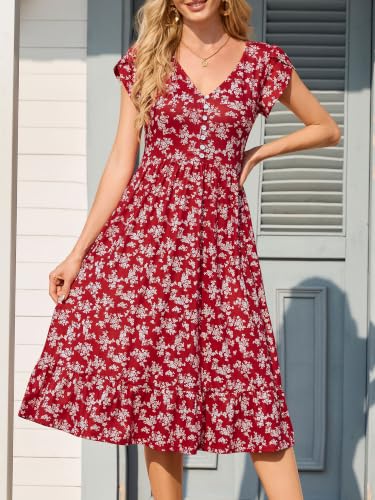 FENSACE Tulip Sleeve V Neck Button Down Dress with Pockets - color: Red White Floral-3, size: Large
