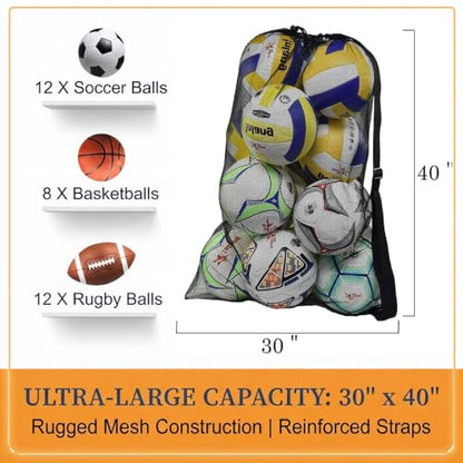 Heavy Duty Mesh Ball Bag, Drawstring Sport Equipment Storage Bag - color: Black-XL