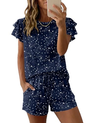 Ekouaer Womens Pajama Sets 2 Piece Ruffle Sleeves Top and Shorts Pjs - color: Navy Blue Star, size: Small