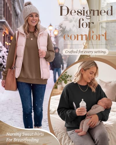 Locoowai 2 Pack Women's Oversize Nursing Sweatshirts - color: Brown, Black, size: Medium