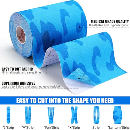 Wide Kinesiology Tape, 3 Pack, 4in x 5.5yd, Waterproof Blue Camo - color: Blue Camo - 4in