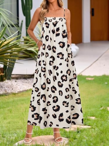 Wenrine Womens Polka Dot Maxi Dress Spaghetti Strap Long Summer Dresses - color: White&black, size: Medium