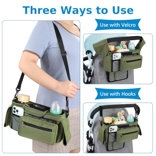 Accmor Universal Stroller Organizer with Insulated Cup Holder - color: All Green/Detachable Diaper Pocket