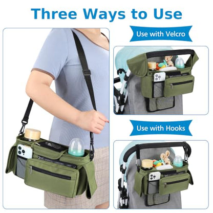 Accmor Universal Stroller Organizer with Insulated Cup Holder - color: All Green/Detachable Diaper Pocket