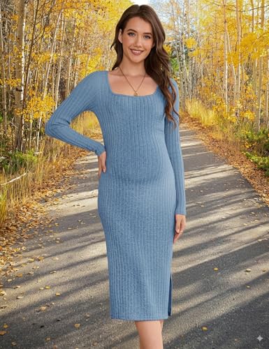 LAHILO Long Sleeve Knit Ribbed Maternity Sweater Dress for Fall Winter - color: Blue, size: XX-Large