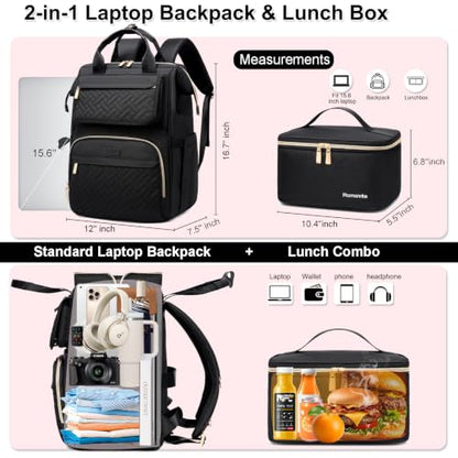 Lunch Backpack For Women, 15.6 Inch Laptop Backpack with Lunchbox - color: Black