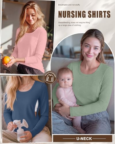 3 Pack Women's Long Sleeve Nursing Tops - color: Haze Blue, Pink, Light Green, size: Medium