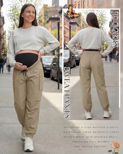 Cutecrop Womens Maternity Cargo Joggers Over The Belly Pregnancy Sweatpants Quick-Dry Causal Stretch Scrub Pants with Pockets - color: Khaki, size: Large