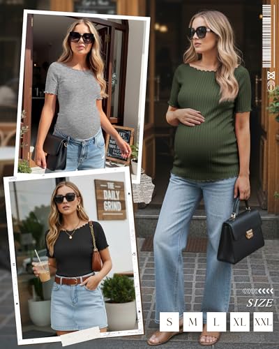 3 Pack Women's Maternity Ribbed Shirts - color: Black, Army Green, Light Heather Gray, size: Small
