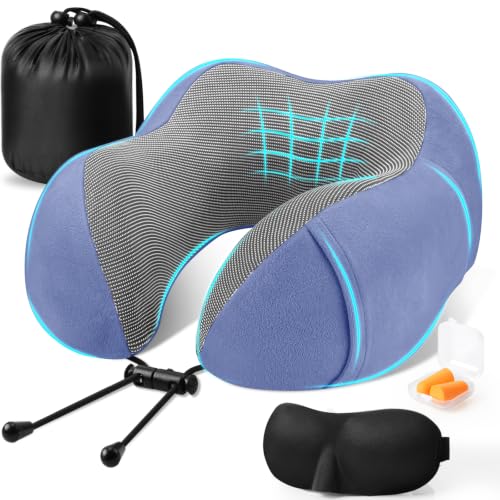 CloudBliss Travel Pillow for Airplanes, Memory Foam Neck Pillow Set, Blue - color: Blue