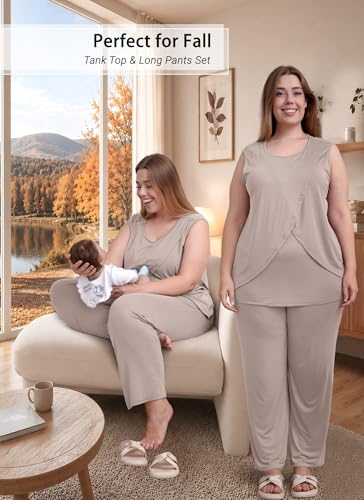 Rnxrbb 4 PCS All-Season Nursing Pajamas Robe Set Maternity Postpartum Pjs - color: Beige, size: X-Large