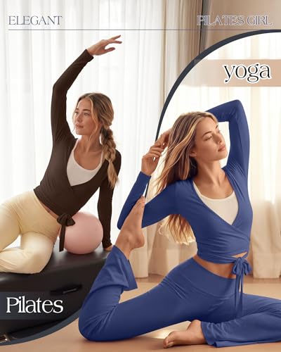 Oakgarden 3 Pack Womens Pilates Ballet Wrap Tops Front Tie Shirt - color: Black, Dark Blue, Coffee, size: Medium