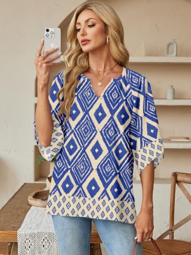 Poetsky Womens Boho Tops V Neck 3/4 Sleeve Blouses Loose Fit Tunic Shirts - color: Blue, size: Large