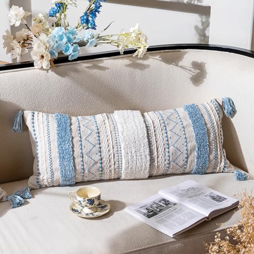 BlissBlush 14x36 Lumbar Pillow Cover for Bed, Rectangular Long Decorative Throw Pillowcase, Boho Accent Cushion with Blue Tufted Pattern and Tassels, Cream Neutral (Cover Only) - color: Blue, size: 36" x 14" (Pack of 1)