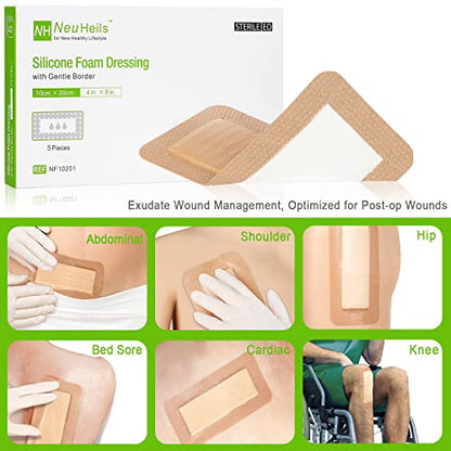NeuHeils Silicone Foam Dressing with Border 4 x 8 Inch, 5 Pack Latex Free - size: 4''x8'' (Pack of 5)