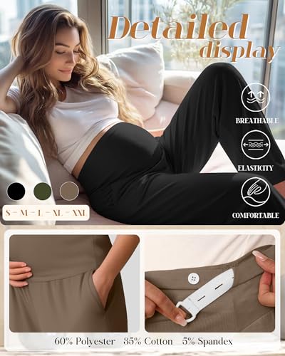 3 Pack Women's Maternity Lounge Pants with Pockets - color: Black, Army Green, Coffee, size: Medium
