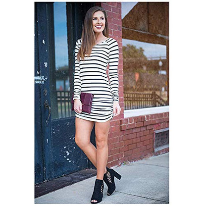 Sherosa Womens Basic Casual Long Sleeve Slim Fit T Shirt Dress Tunic Top - color: Black and White, size: Large