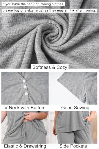 Vozanet Women's Plus Size Pajama Sets V Neck Pants Sets Solid Color Button Sleepwear Soft Loungewear Nighty with Pockets - color: Light Gray, size: 3X-Large