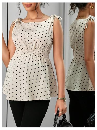 SweatyRocks Maternity Polka Dots Tops Bow Tie Shoulder Peplum Babydoll Tops - size: Large