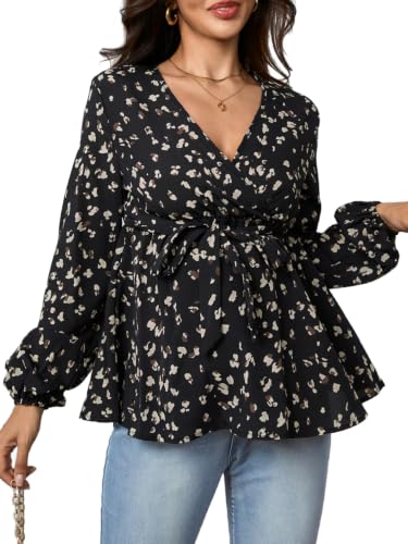 MakeMeChic Women's Maternity Blouse V Neck Long Sleeve Ruffle Peplum Top - color: Black Cheetah, size: X-Large