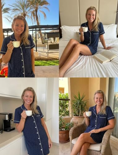 Pjmlifecoco Women's Button Down Nightgown Short Sleeve Sleep Shirt - color: Navy Blue With Dots, size: XX-Large
