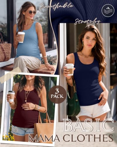 Riyiper 3 Pack Women's Maternity Tank Tops - color: Navy Blue, Burgundy, Light Blue, size: Large