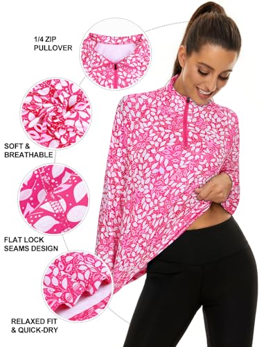 LURANEE Womens UPF 50+ Long Sleeve 1/4 Zip Pullover Athletic Hiking Running Workout Tops - color: White Leaf Pink, size: Small