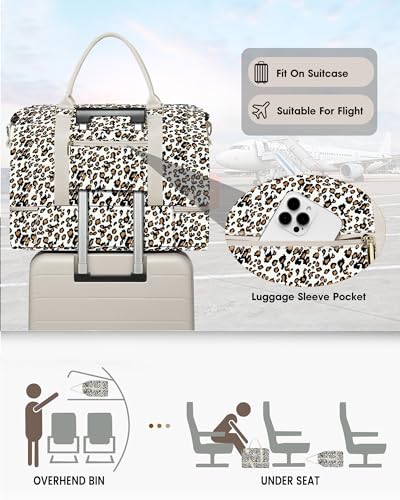 Travel Weekender Duffle Bag for Women: Overnight Bags with Shoe Compartment - color: Leopard Print, size: Large