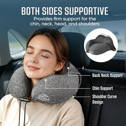 SkytraxComf® Travel Neck Pillow with Hood for Privacy on Long Flights - color: Grey