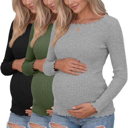 3 Pack Women's Maternity Long Sleeve Cotton Shirts - color: Black, Army Green, Light Gray, size: Medium
