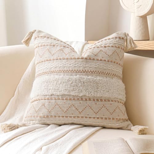 BlissBlush 20X20 Throw Pillow Cover, Cream Neutral Beige Square Decorative Cushion Cover, Boho Accent Pillowcase with Tufted Details and Tassels for Couch Sofa Living Room (Cover Only) - color: Beige, size: 20" x 20" (Pack of 1)
