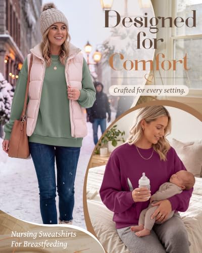 Locoowai 2 Pack Women's Oversize Nursing Sweatshirts - color: Light Green, Rose Red, size: Medium