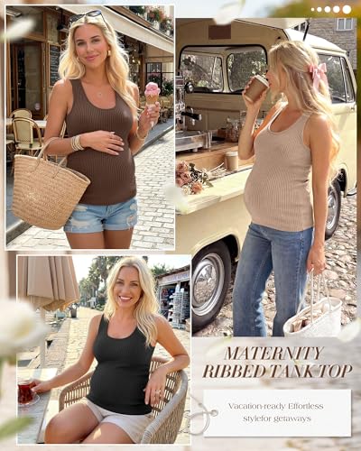 Ficerd 3 Pack Women's Maternity Ribbed Tank Tops - color: Khaki, Brown, Black, size: Small