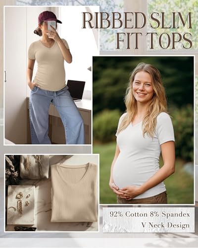 Neer 4 Pack Women's Maternity Shirts Short Sleeve - color: Black, Light Heather Gray, White, Khaki, size: Large