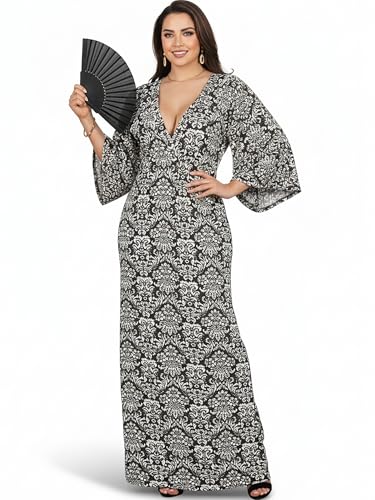 KOH KOH Womens Long 3/4 Kimono Sleeve V Neck Boho Print Flowy Maxi Dress - color: White on Black, size: Small