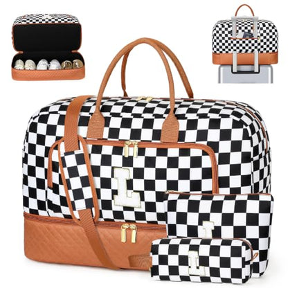 TIBES Gift for Her, Weekender Bag for Women Initial Travel Duffle Bag - color: Black & White Checkerboard, style: L