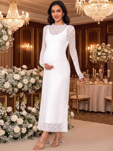 Maternity Dress Set Bodycon Lace Overlay & Inner Slip - color: White, size: Large
